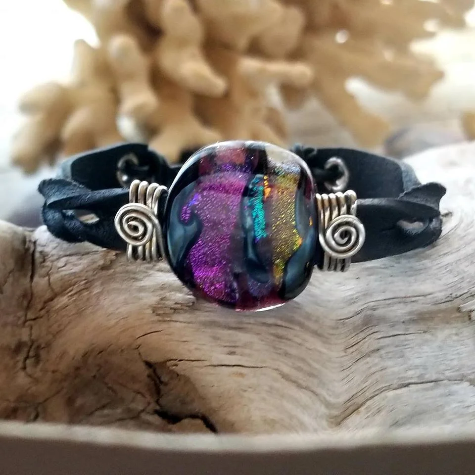 Cremation Art Twisted West Black Leather Memorial Bracelet Over the Rainbow Memorials